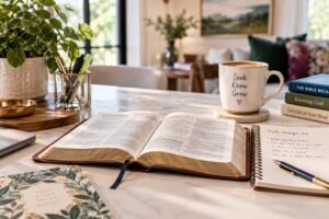 Open Bible and study notes in a bright, contemporary home setting