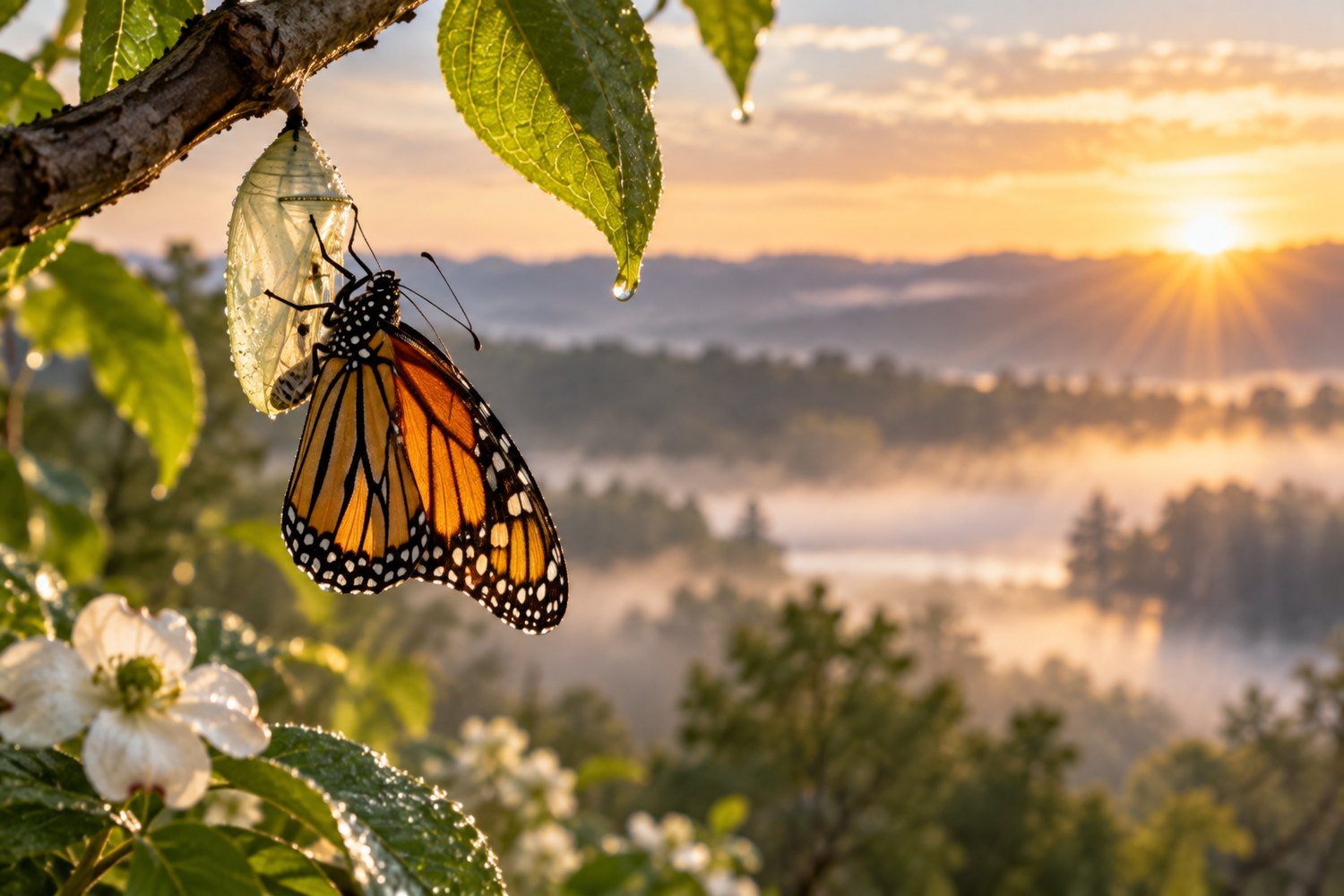 Monarch butterfly emerging from its chrysalis at sunrise over a misty landscape
